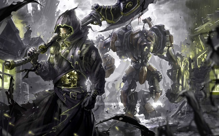 Steampunk Grim Reaper and Mech in a Ruined City