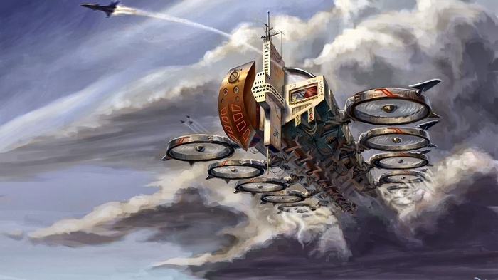 Science fiction artwork of a large hovercraft in the sky
