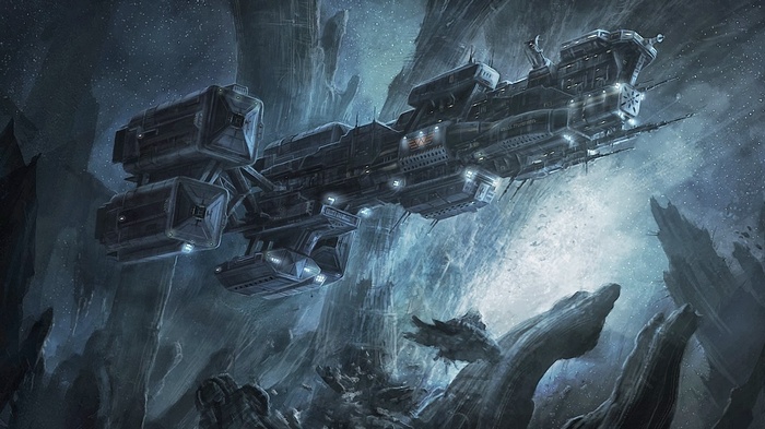 Halo spaceship in a rocky, star-filled environment