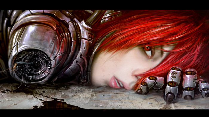Redhead cyborg with mechanical arm and red eyes