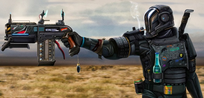 Science fiction bounty hunter with futuristic weapon