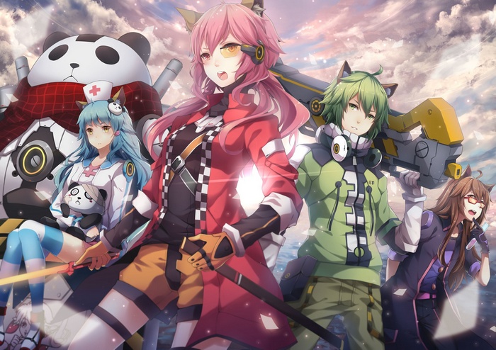 Anime characters with animal ears and a panda robot