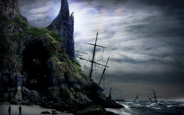 Pirate cave with shipwrecks on a rocky shore