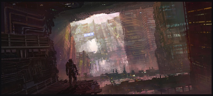 Futuristic city artwork with a lone figure