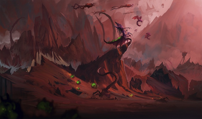 StarCraft II Zerg swarm in a desolate landscape