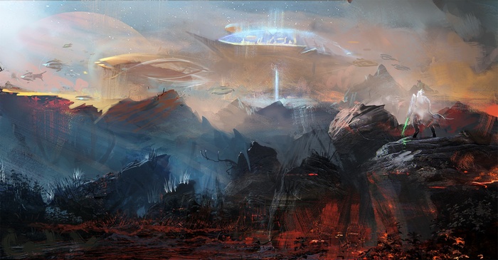 Zeratul in a futuristic alien landscape with spacecraft