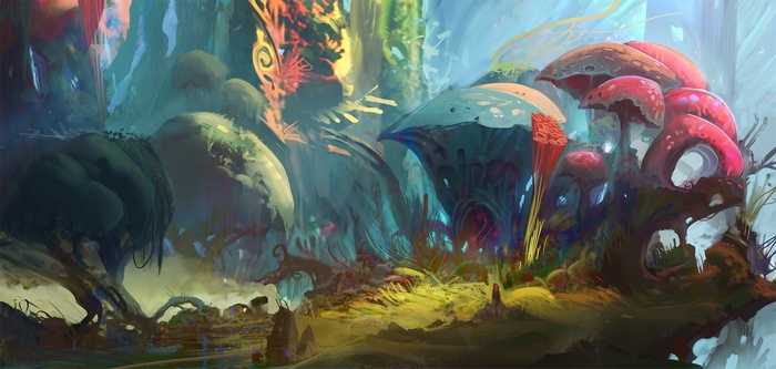 Fantasy art of a surreal mushroom forest