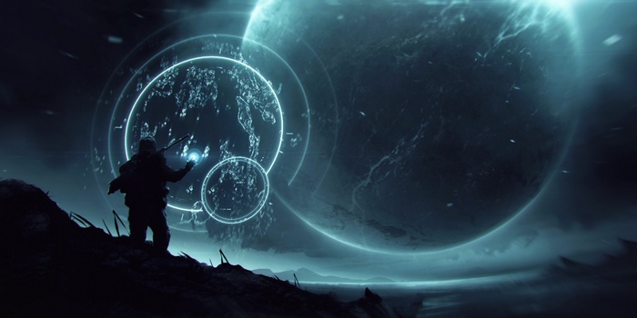 Futuristic concept art of a person with a glowing orb and planets
