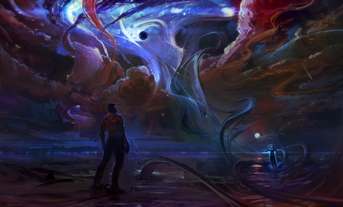 Man and figure observe cosmic nebula with planets