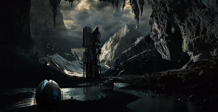 Star Citizen concept art of a futuristic structure on an alien planet