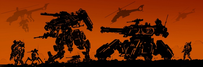 Science fiction war scene with mechs and helicopters