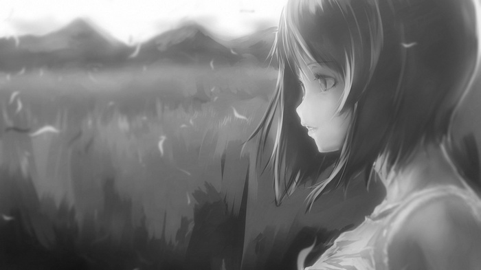 Anime girl in profile looking out at a field