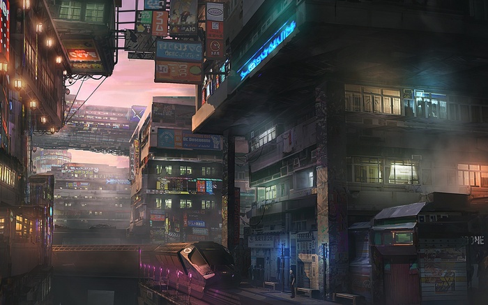 Futuristic city with trains and signs