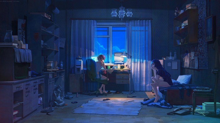 Anime girls in a messy room at night
