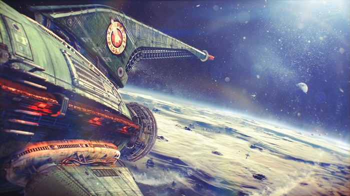 Planet Express ship in space above a planet