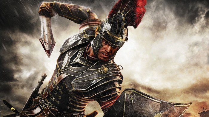 Roman soldier with sword and shield in battle