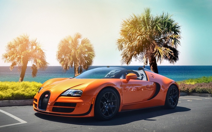 Orange Bugatti Veyron parked by the ocean