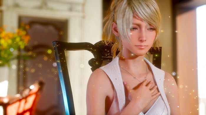 Luna from Final Fantasy XV sitting in a chair