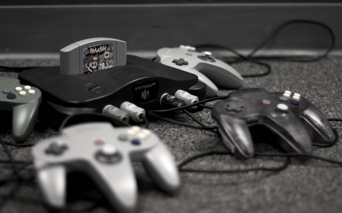 Nintendo 64 with Super Smash Brothers and controllers