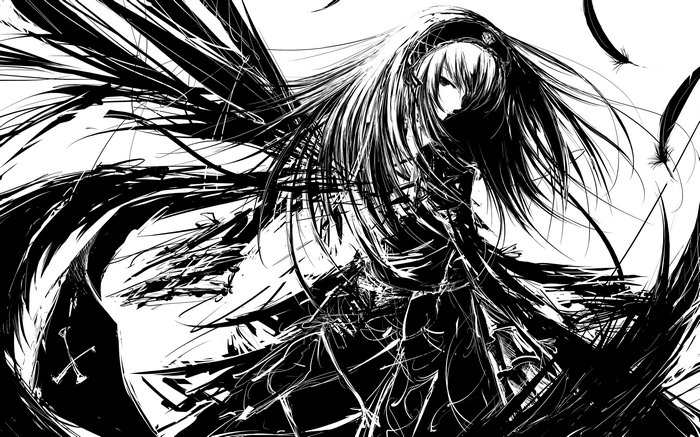 Suigintou from Rozen Maiden in monochrome anime art