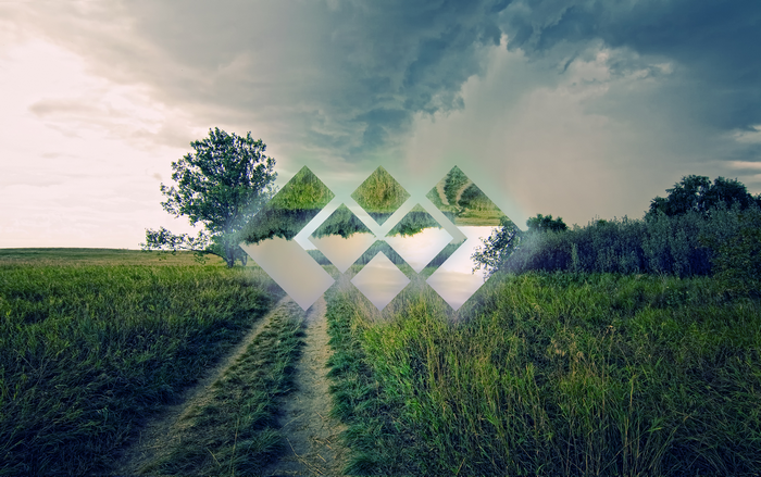 Digital art landscape with geometric overlay