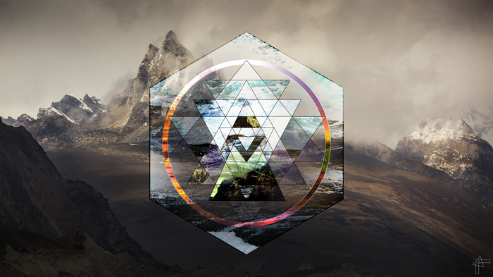 triangle, cityscape, low poly, mountains, sri yantra, digital art ...