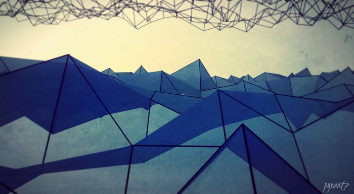 Abstract low poly geometric landscape with wireframe cloud