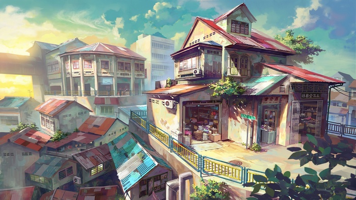 Anime cityscape with old buildings and shops