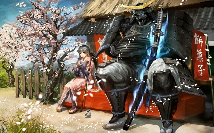 Anime girl and samurai under cherry blossoms