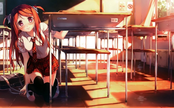 Anime schoolgirl with red hair in a classroom