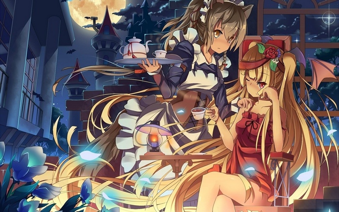 Anime girls with cat ears and bat wings serving tea