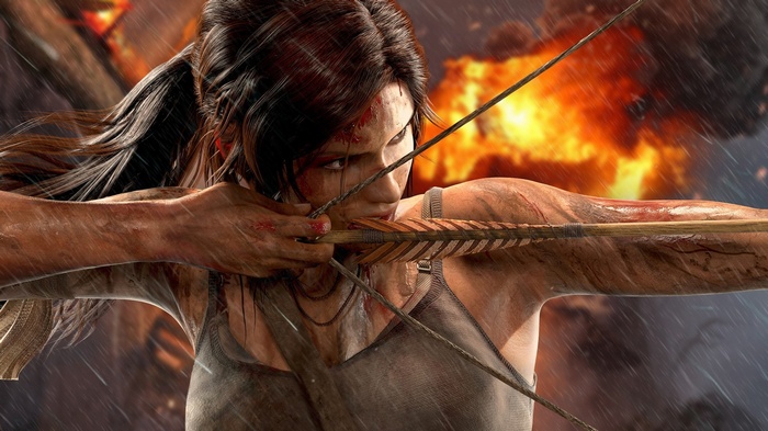Lara Croft aiming an arrow with an explosion behind her