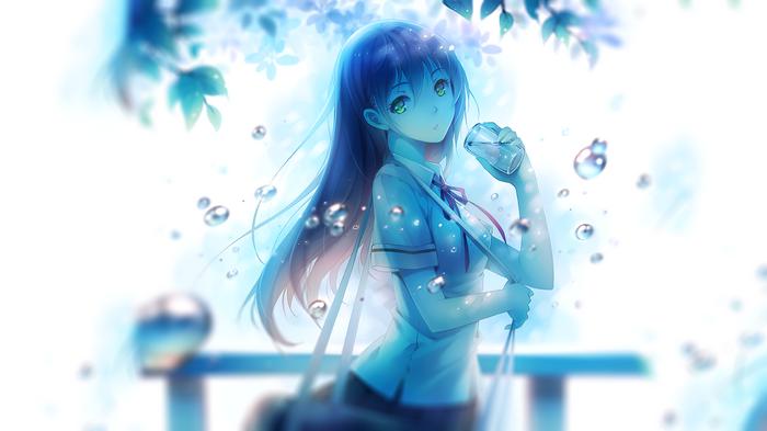 Anime girl in school uniform drinking water