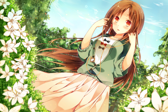 Anime girl with headphones in a garden