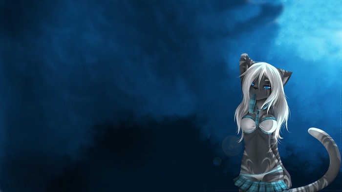 Furry cat girl with white hair and blue eyes