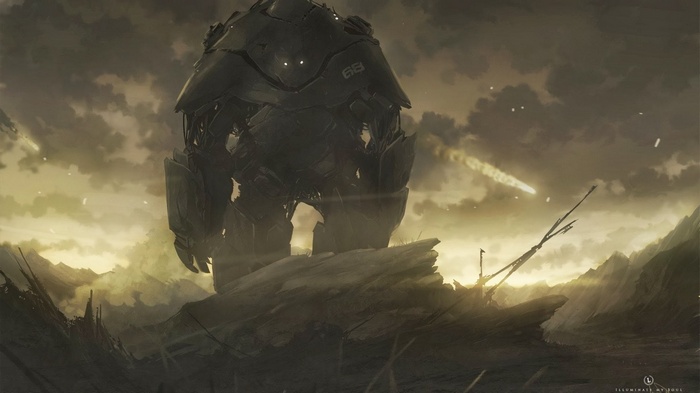 Giant robot stands in a desolate, war-torn landscape
