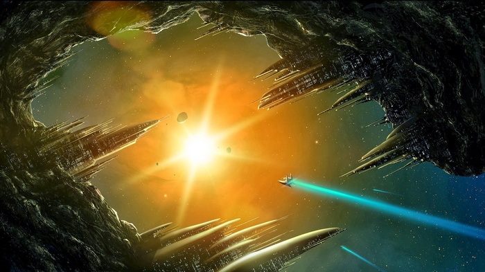 digital art spaceship fantasy art universe artwork skyscraper sunlight futuristic city science fiction futuristic stars planet rock Sun space building