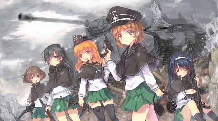 Anime girls with guns and a tank