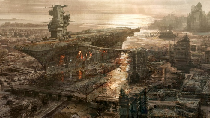 Apocalyptic city with a derelict aircraft carrier