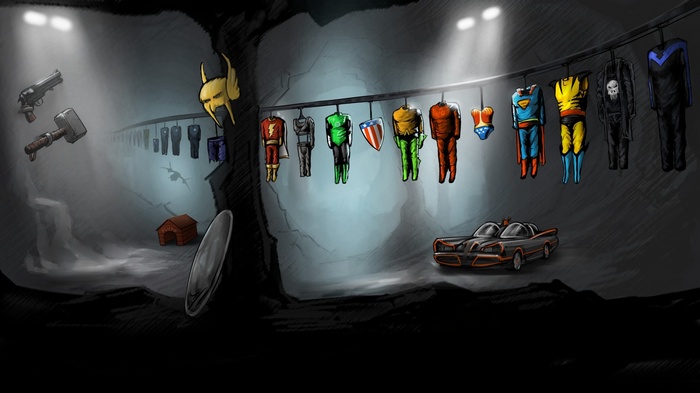Batcave with superhero costumes and Batmobile