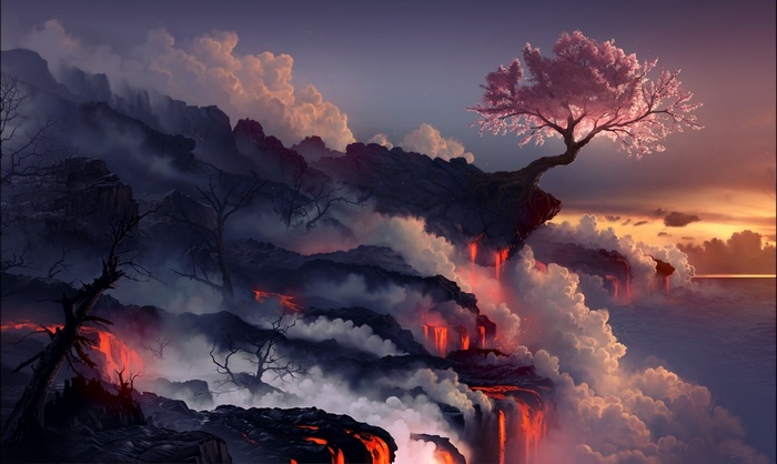 Volcanic landscape with cherry blossom tree and lava flows