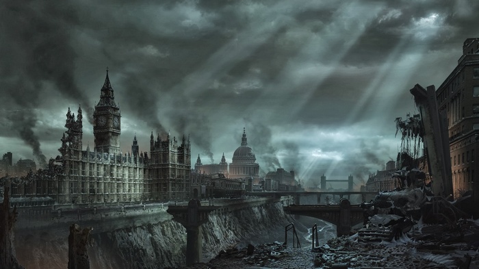 Apocalyptic London with Big Ben and St. Paul's Cathedral