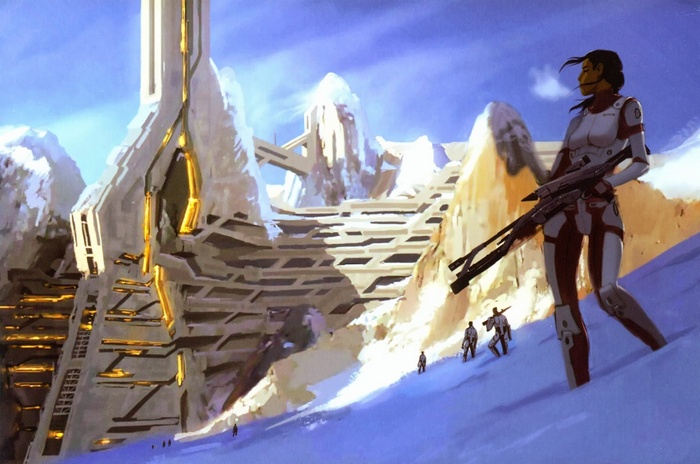 Mass Effect artwork of a woman with a rifle on a snowy planet