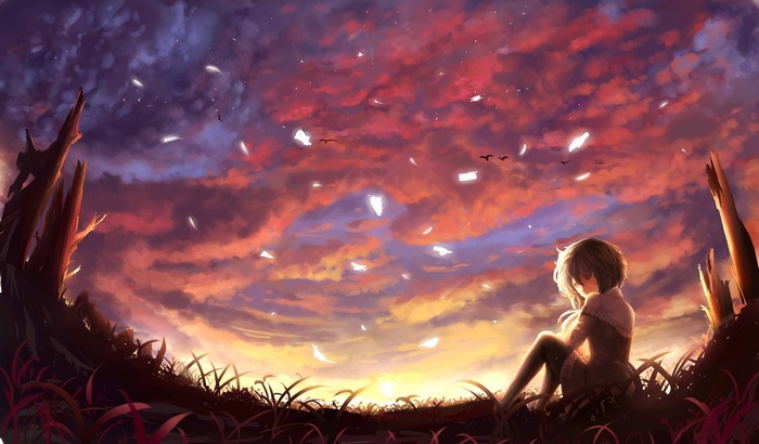 Anime girl sitting on grass watching sunset with birds