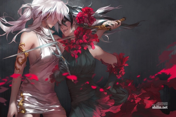 Two anime girls with swords and red flowers