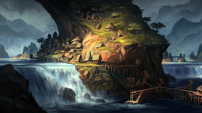 Fantasy village built on a cliffside next to waterfalls