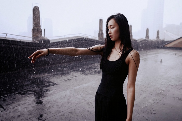 women outdoors rain outdoors brunette wet hair Asian women model wet
