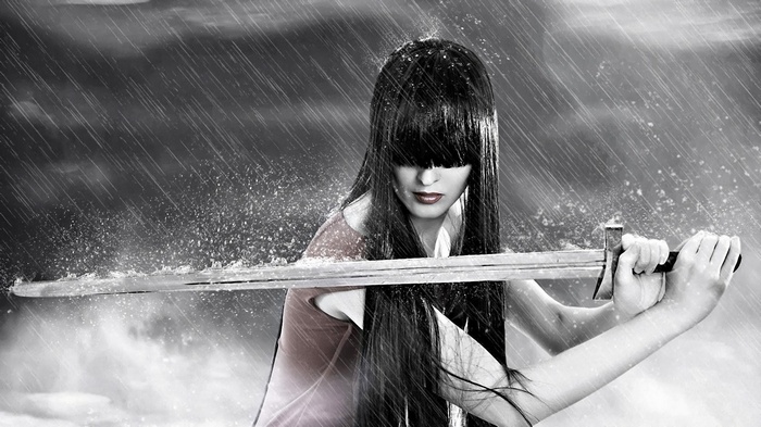Fantasy Samurai Girl Rain Sword Long Hair