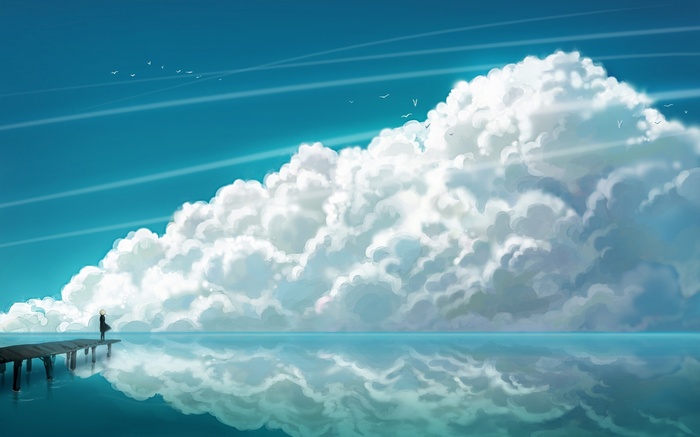 Anime girl on a pier looking at clouds
