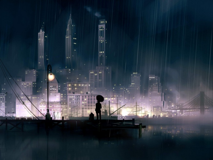 Anime girl with umbrella in rainy cityscape at night
